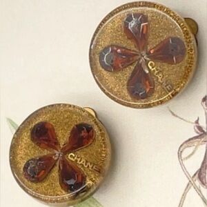 CHANEL AUTHENTIC CRYSTAL GLITTER RESIN Gold and Brown CLIP ON Earrings -